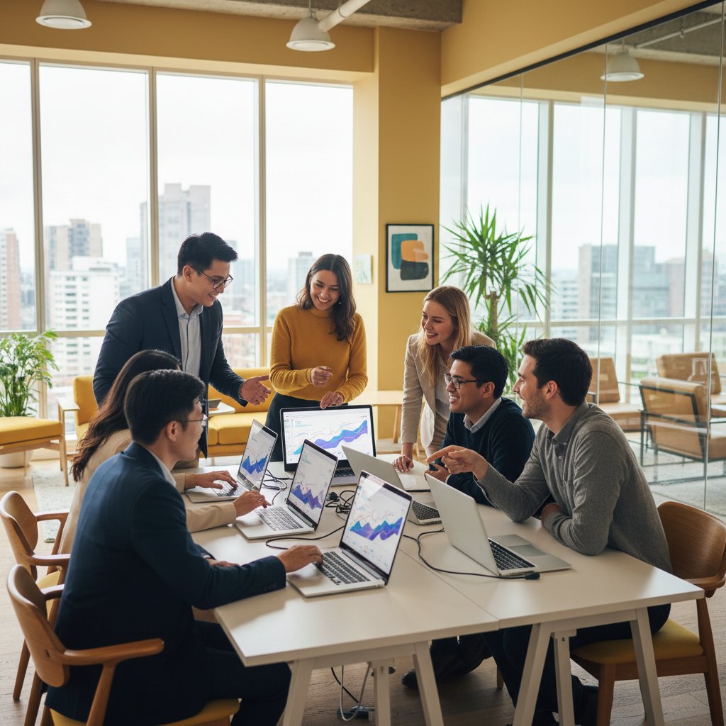 Students learning digital marketing through online courses with laptops and analytics dashboards